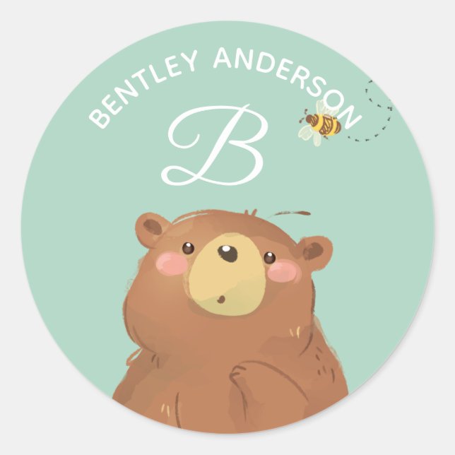 Bear Bee • Alphabet Monogram Cute School Daycare Classic Round Sticker (Front)