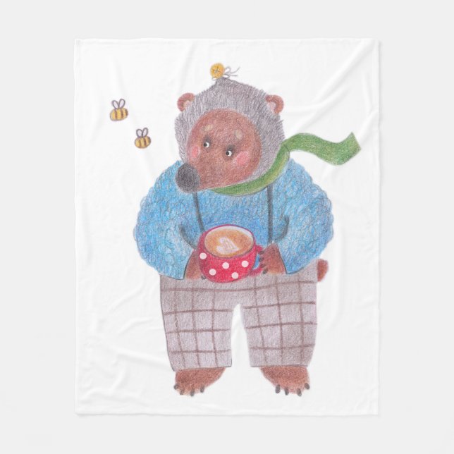 Bear, bees and cappuccino fleece blanket (Front)