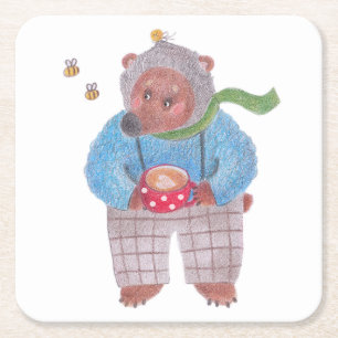 Bear, bees and cappuccino square paper coaster