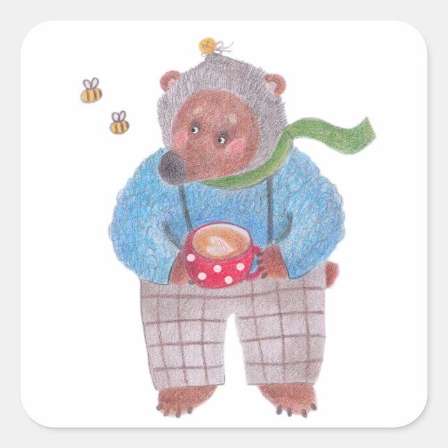 Bear, bees and cappuccino square sticker (Front)