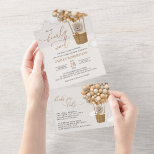 Bear, Beige Balloons, Hot Air Balloon, Baby Shower All In One Invitation