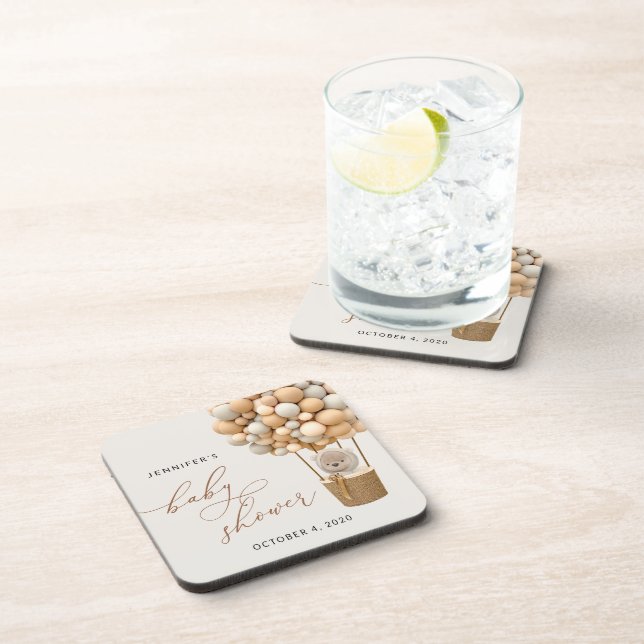 Bear, Beige Balloons, Hot Air Balloon, Baby Shower Coaster (Right Side)