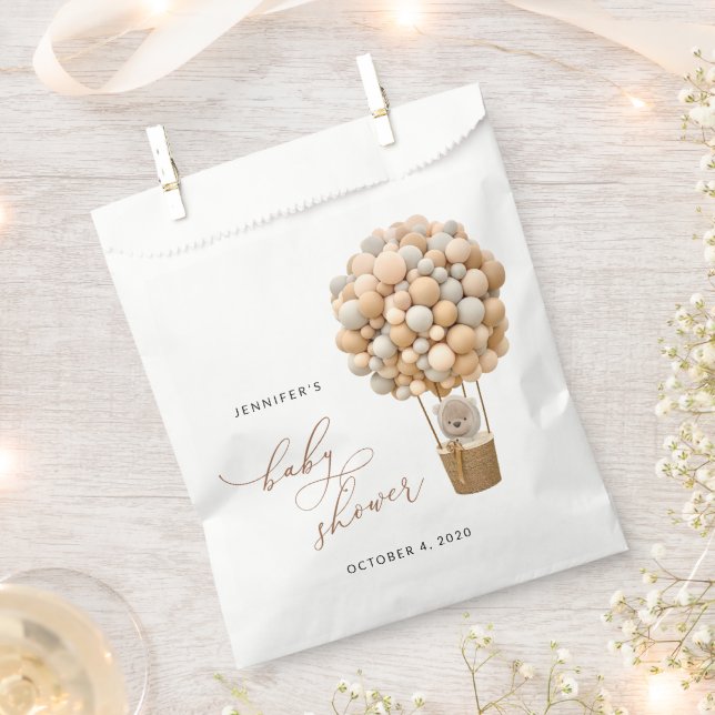 Bear, Beige Balloons, Hot Air Balloon, Baby Shower Favour Bag (Clipped)