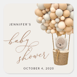 Bear, Beige Balloons, Hot Air Balloon, Baby Shower Square Sticker