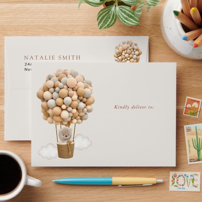 Bear, Beige Balloons, Hot Air Balloon, Birthday Envelope (Desk)