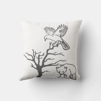 Bear, Bird, and Bare Tree Nature Scene Cushion