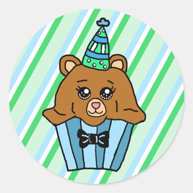 Bear Birthday Cupcake Classic Round Sticker (Front)