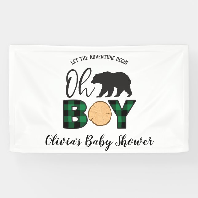 Bear black green Buffalo Plaid Baby Shower Banner (Horizontal)