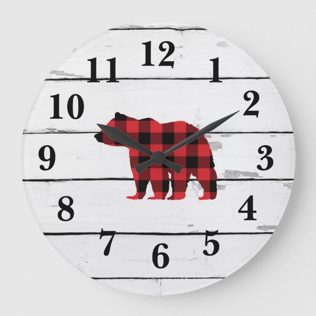 Bear Black Silhouette Shiplap Buffalo Check Large Clock (Front)