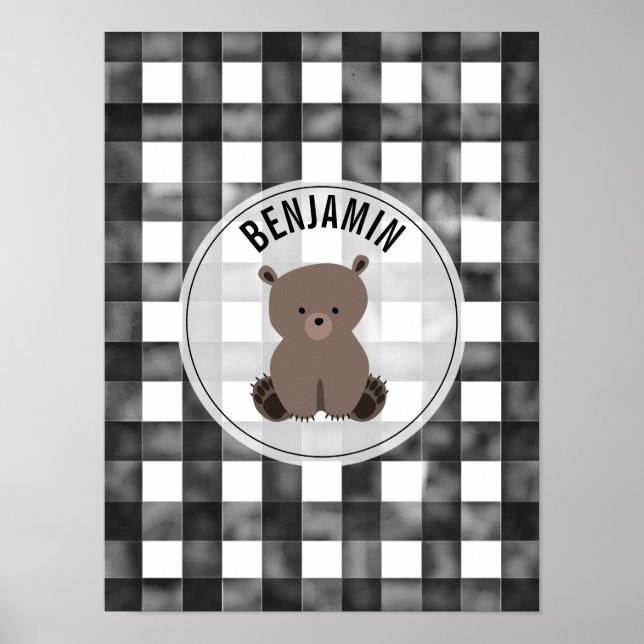 Bear Black + White Gingham Baby Nursery Poster (Front)