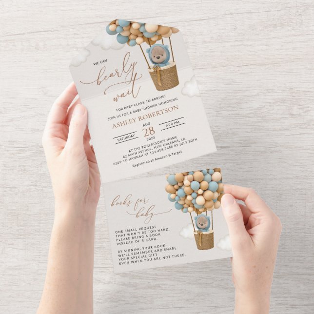 Bear, Blue Balloons, Hot Air Balloon, Baby Shower All In One Invitation (Tearaway)