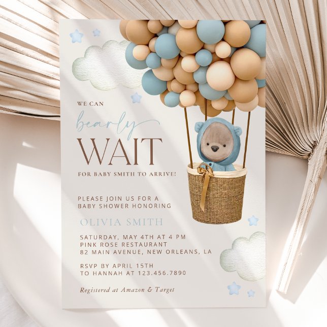 Bear, Blue Balloons, Hot Air Balloon, Baby Shower Invitation (Creator Uploaded)