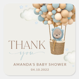 Bear, Blue Balloons, Hot Air Balloon, Baby Shower Square Sticker