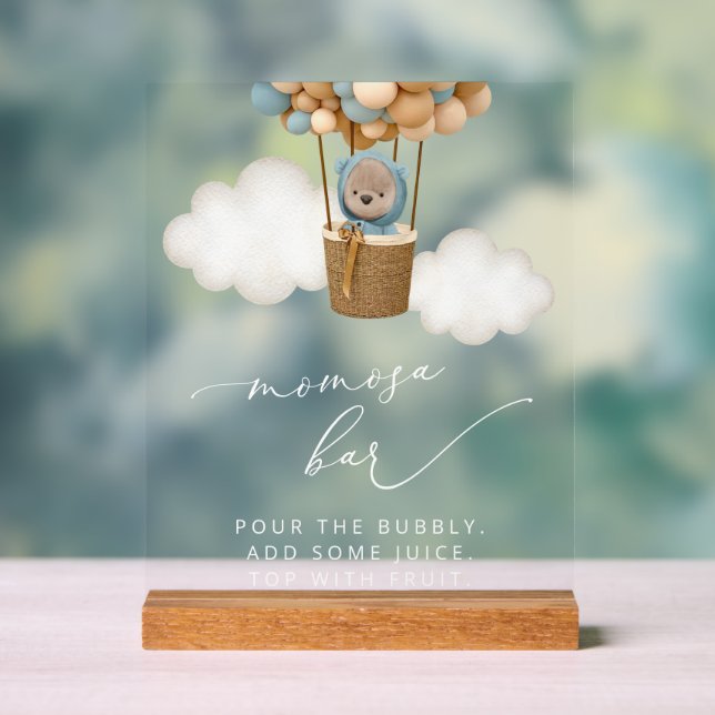 Bear, Blue Balloons, Hot Air Balloon, Momosa Bar Acrylic Sign (Neutral)