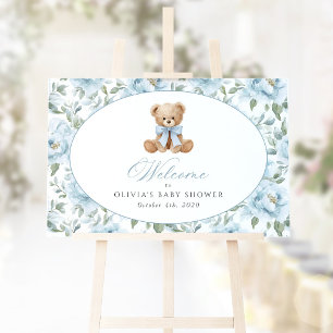 Bear, Blue Bow, Blue Flowers, Baby Shower Welcome Poster