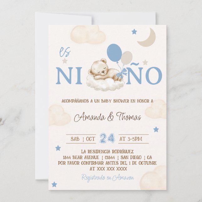 Bear Blue Boy Spanish Baby Shower Invitation (Front)