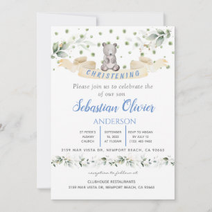 Bear Blue Floral Greenery Baptism Girl  Invitation