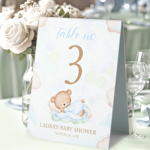 Bear Blue Green Boy Baby Shower Table Number Sign