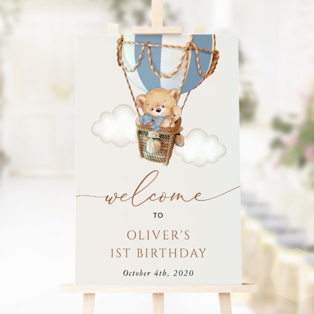 Bear, Blue Hot Air Balloon, First Birthday Welcome Poster (Creator Uploaded)