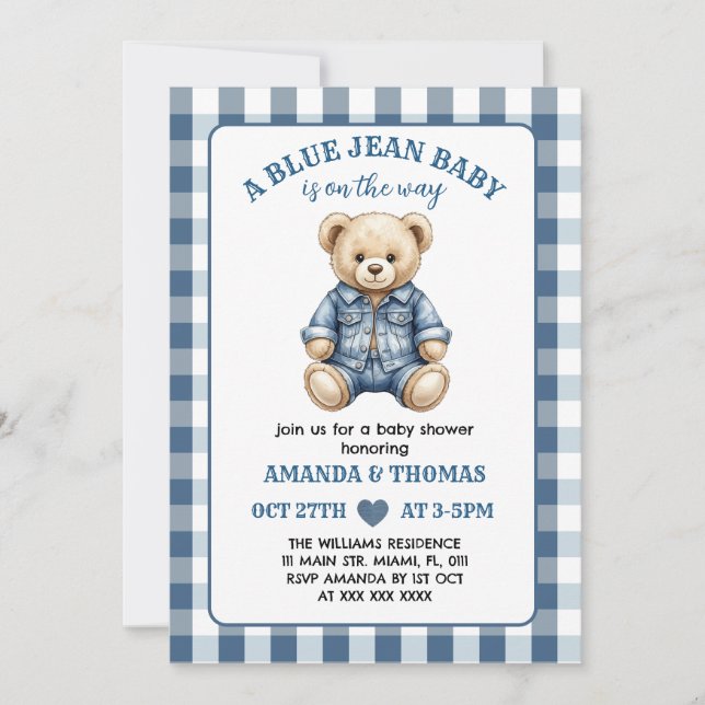 Bear Blue Jean Baby Shower Invitation (Front)