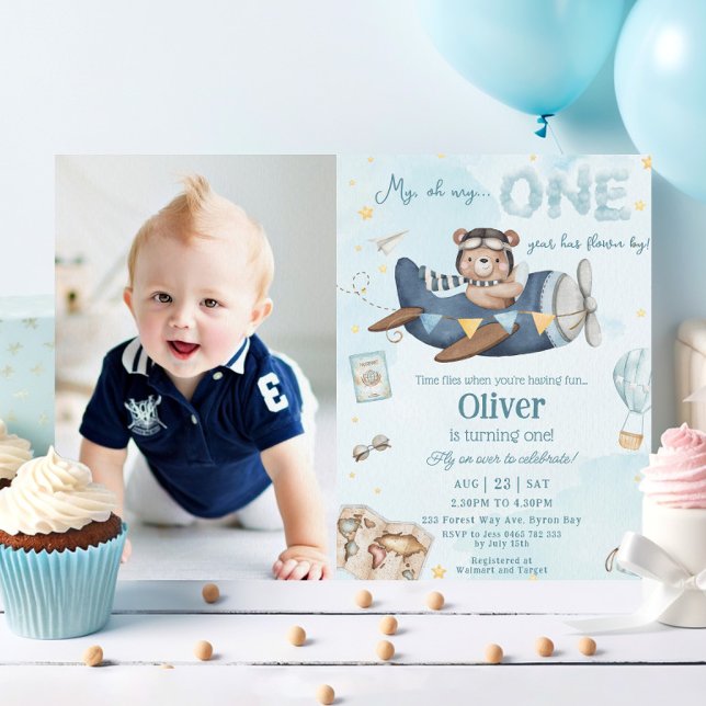 Bear Blue Plane Time Flies One 1st Birthday Photo Invitation (cute bear riding a blue plane adventure 1st birthday turning one photo picture invitation card )