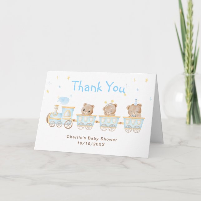 Bear Blue Train Baby Shower Thank You Card (Front)