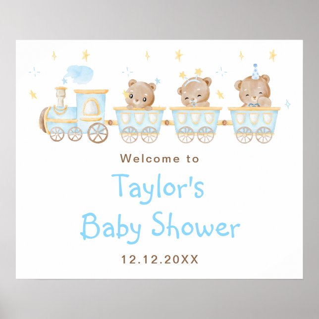 Bear Blue Train Baby Shower Welcome Poster (Front)