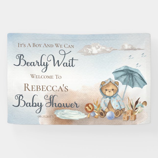 Bear | Blue Umbrella Bearly Wait Boy Baby Shower   Banner (Horizontal)