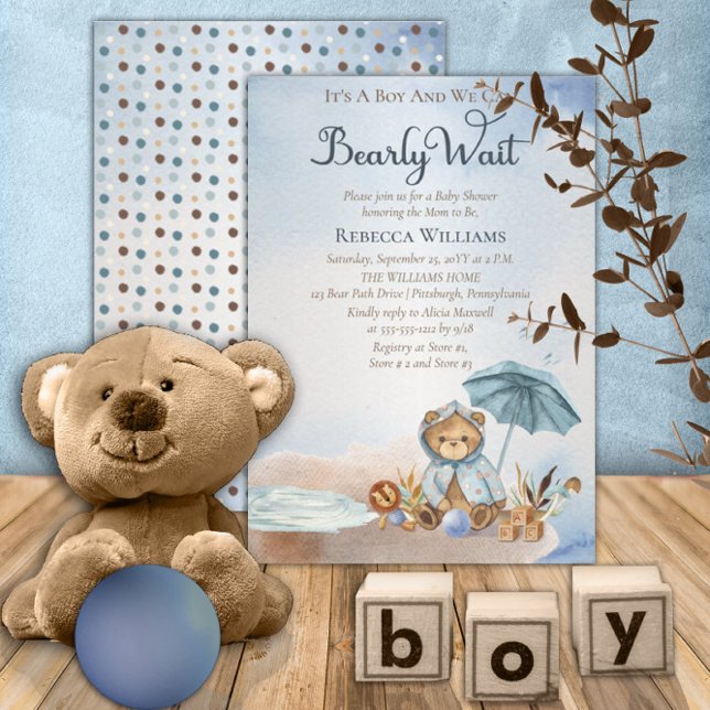 Bear | Blue Umbrella Bearly Wait Boy Baby Shower Invitation (Creator Uploaded)