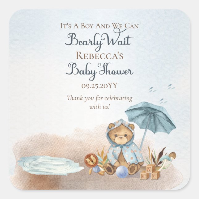 Bear | Blue Umbrella Bearly Wait Boy Baby Shower  Square Sticker (Front)