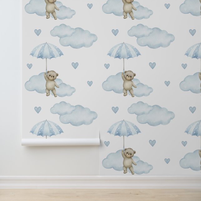 Bear Blue Umbrella Clouds Hearts Baby Boy Nursery Wallpaper (Application)