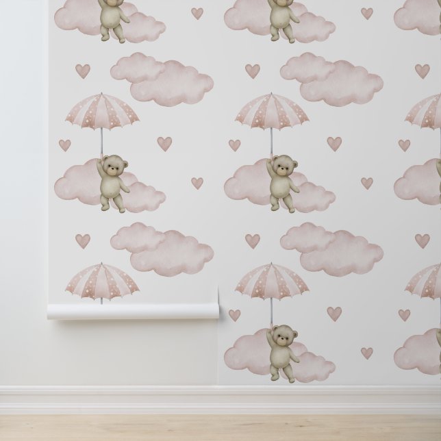 Bear Blush Pink Umbrella Clouds Hearts Baby Girl Wallpaper (Application)