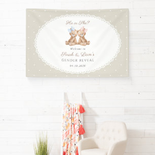 Bear, Bow, Beige Polka Dots, Gender Reveal Welcome Banner