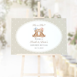 Bear, Bow, Beige Polka Dots, Gender Reveal Welcome Poster