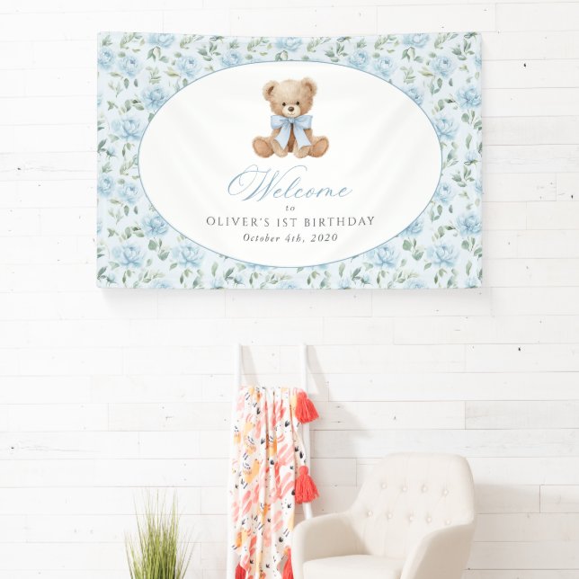 Bear, Bow, Blue Flowers, First Birthday Welcome Banner (Insitu)