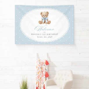 Bear, Bow, Blue Polka Dots, First Birthday Welcome Banner