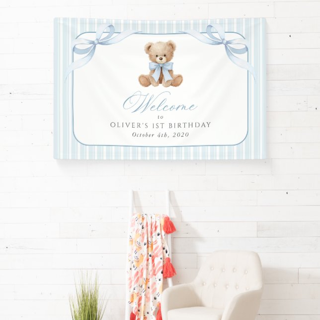 Bear, Bow, Blue Stripes, First Birthday Welcome Banner (Insitu)
