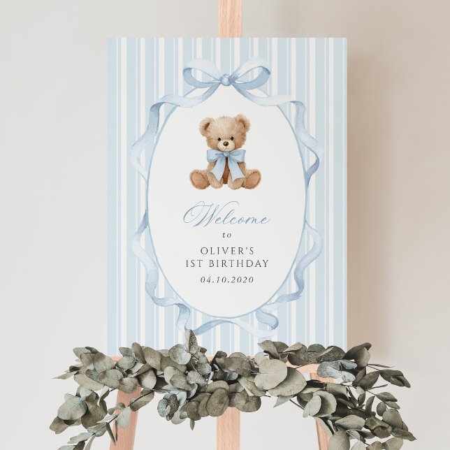Bear, Bow, Blue Stripes, First Birthday Welcome Poster (Creator Uploaded)