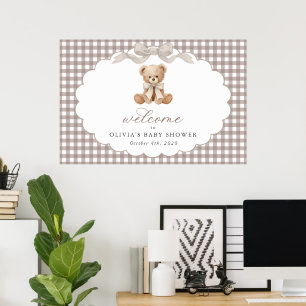 Bear, Bow, Brown Gingham, Baby Shower Welcome Poster