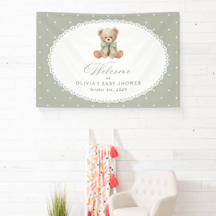 Bear, Bow, Green Polka Dots, Baby Shower Welcome Banner