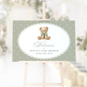 Bear, Bow, Green Polka Dots, Baby Shower Welcome Poster