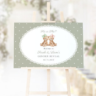 Bear, Bow, Green Polka Dots, Gender Reveal Welcome Poster