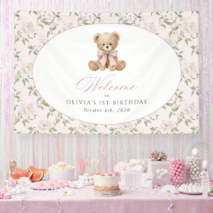 Bear, Bow, Pink Flowers, First Birthday Welcome Banner