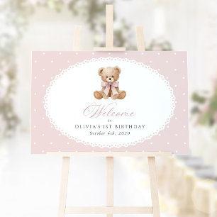 Bear, Bow, Pink Polka Dots, First Birthday Welcome Poster