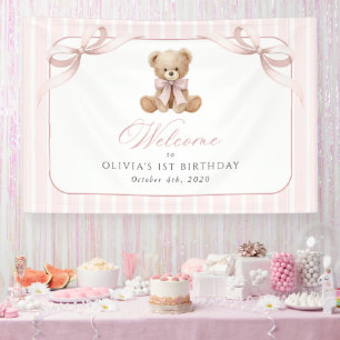 Bear, Bow, Pink Stripes, First Birthday Welcome Banner