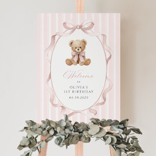 Bear, Bow, Pink Stripes, First Birthday Welcome Poster