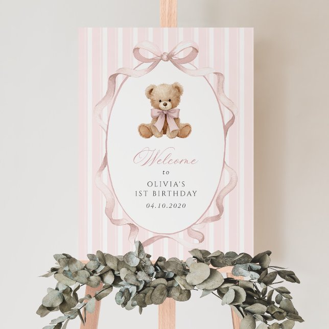 Bear, Bow, Pink Stripes, First Birthday Welcome Poster (Creator Uploaded)