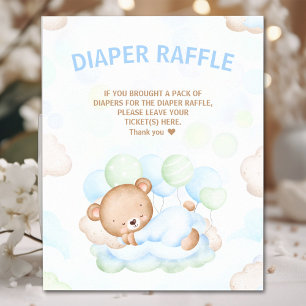 Bear Boy Baby Shower Blue Green Diaper Raffle Sign
