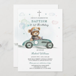 Bear Boy First Birthday and Baptism Invitation
