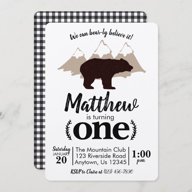 Bear Boy First Birthday Lumberjack Kraft Invitation (Front/Back)